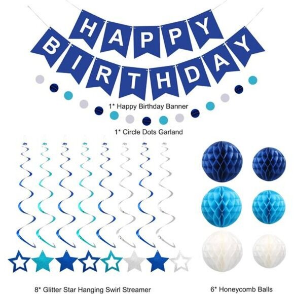 Blue Happy Birthday Party Decorations Set Banner Swirls Garland for Kids Adults - Picture 6 of 7